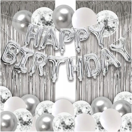 Set 24 de baloane folie si latex, 10 baloane latex simple, 10 bloane latex cu paiete, 4 baloane folie, ribon, 1x2 m perdea, Argintiu