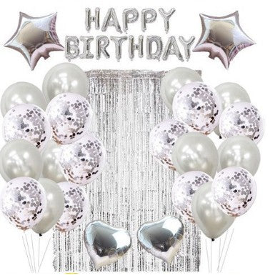 Set 24 de baloane folie si latex, 10 baloane latex simple, 10 bloane latex cu paiete, 4 baloane folie, ribon, 1x2 m perdea, Argintiu
