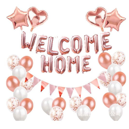Set Baloane Folie Si Latex, Welcome Home, 24 De Piese, 20 Baloane Latex, 4 Baloane Stea Folie, 1 Set Welcome Home, Rose Gold Metal - vivimall.ro