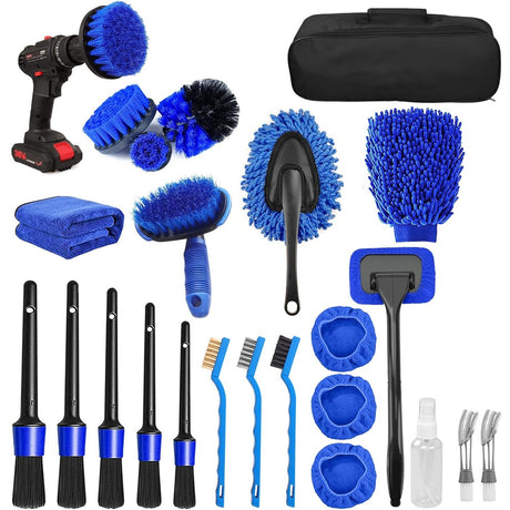 Set 25 Accesorii pentru Curatare Auto, Vivimall, din PP si Microfibra, Interior/Exterior, 30 x 24 x 12 cm, Albastru/Negru - vivimall.ro