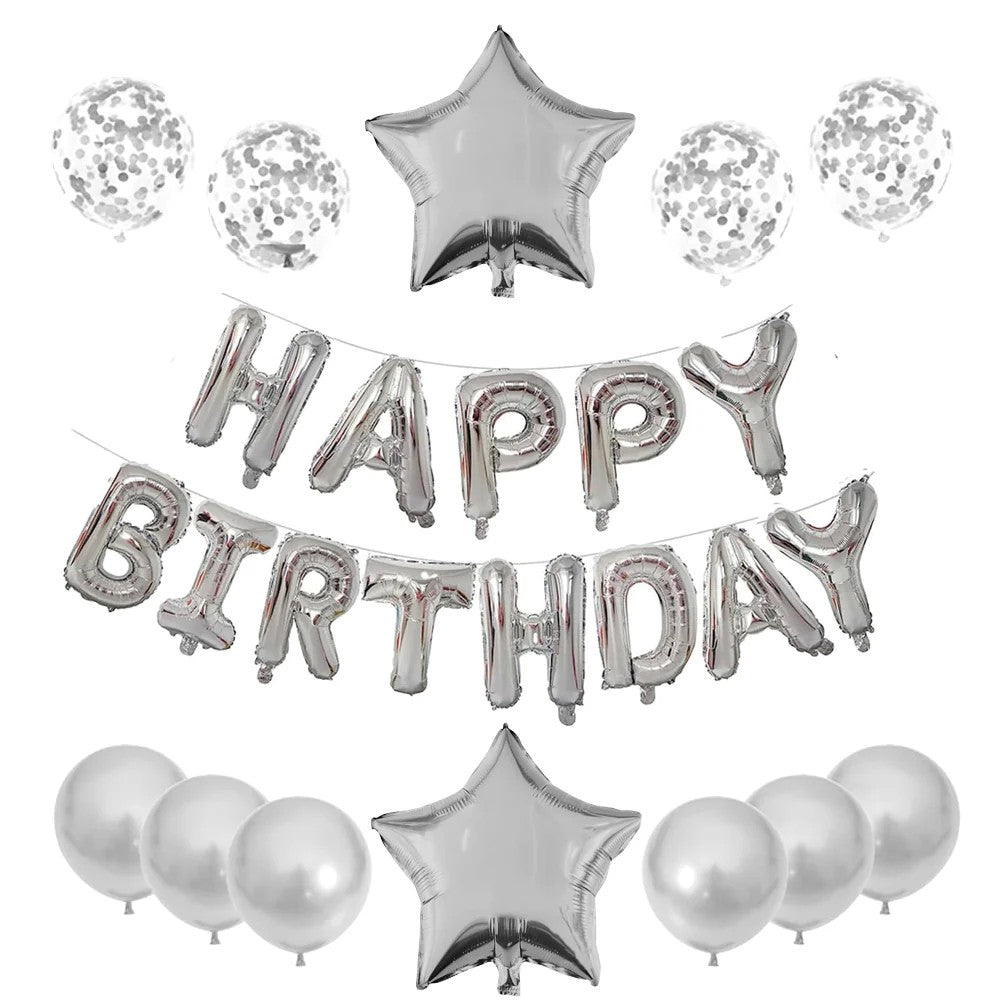 Set 25 De Baloane Din Folie Metalizata Si Latex, Figurine 2 Stele, 4 Baloane Confetti, 13 Litere, 6 Latex, Model Happy Birthday, Tema Aniversare, 40 Cm, Ambalaj Individual, Pai Inclus, Umflare Cu Aer Sau Heliu