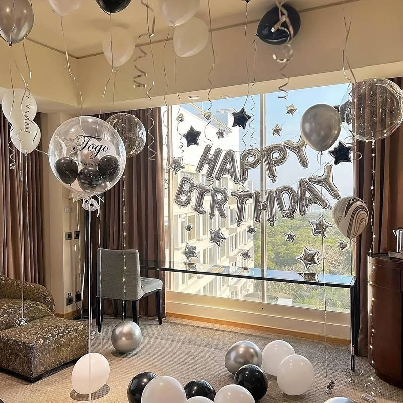 Set 25 De Baloane Din Folie Metalizata Si Latex, Figurine 2 Stele, 4 Baloane Confetti, 13 Litere, 6 Latex, Model Happy Birthday, Tema Aniversare, 40 Cm, Ambalaj Individual, Pai Inclus, Umflare Cu Aer Sau Heliu