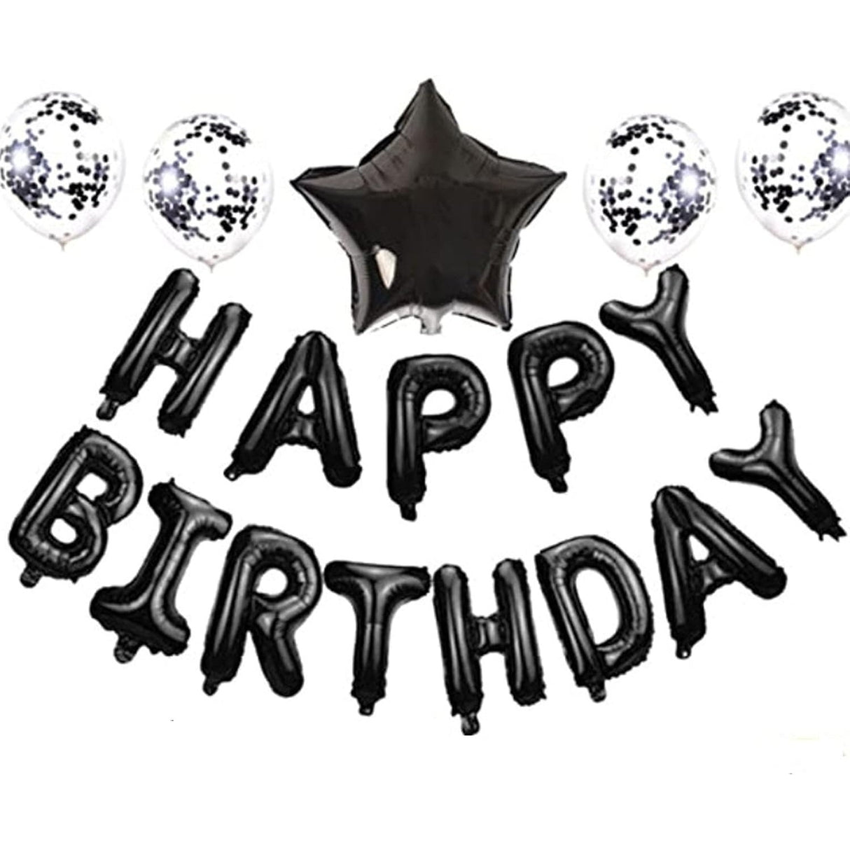 Set 25 De Baloane Din Folie Metalizata Si Latex, Figurine 2 Stele, 4 Baloane Confetti, 13 Litere, 6 Latex, Model Happy Birthday, Tema Aniversare, 40 Cm, Ambalaj Individual, Pai Inclus, Umflare Cu Aer Sau Heliu