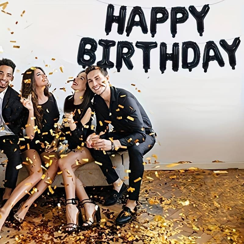 Set 25 De Baloane Din Folie Metalizata Si Latex, Figurine 2 Stele, 4 Baloane Confetti, 13 Litere, 6 Latex, Model Happy Birthday, Tema Aniversare, 40 Cm, Ambalaj Individual, Pai Inclus, Umflare Cu Aer Sau Heliu