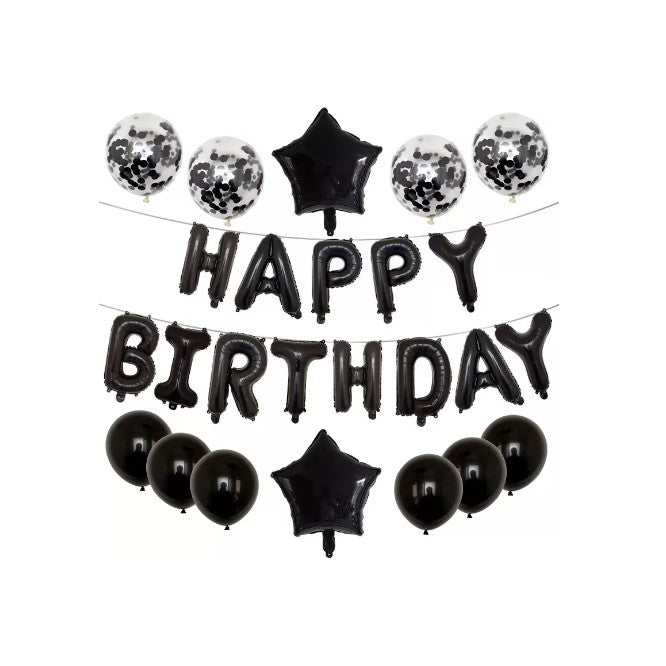 Set 25 De Baloane Din Folie Metalizata Si Latex, Figurine 2 Stele, 4 Baloane Confetti, 13 Litere, 6 Latex, Model Happy Birthday, Tema Aniversare, 40 Cm, Ambalaj Individual, Pai Inclus, Umflare Cu Aer Sau Heliu