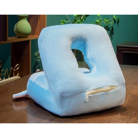 Set 2in1 Patura Microfibra si Perna din Spuma, Flippy, pentru Birou, Calatorii, Pauze, Model Elefant, Microfibra, 1x1.7 m, 30x35x30 cm, Albastru