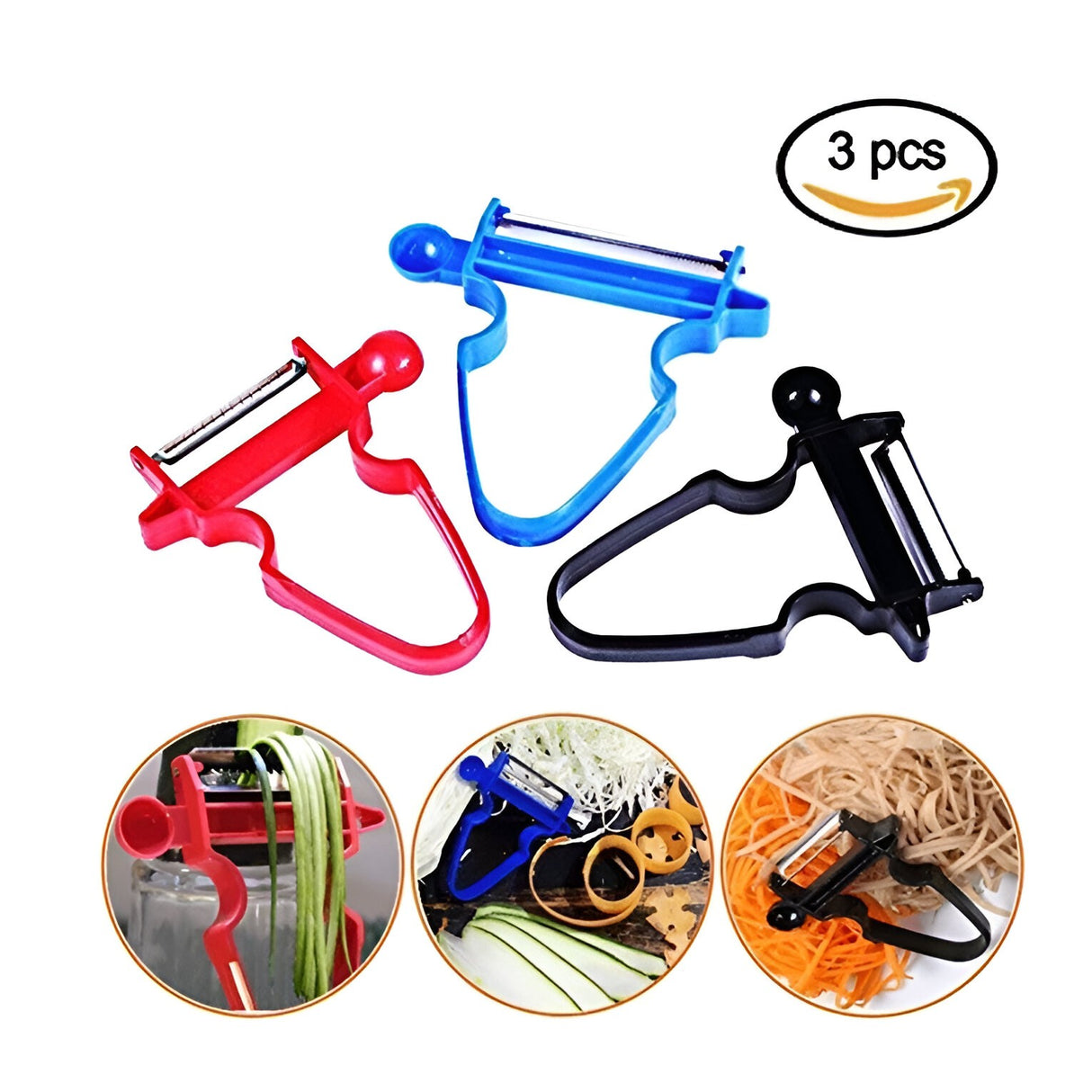 Set 3 Accesorii De Decojire, Razuire Si Feliere, Pentru Legume Si Fructe, Negru-Rosu-Albastru - vivimall.ro