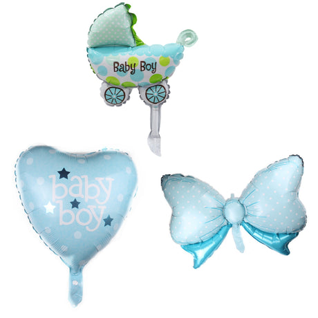 Set 3 Baloane Din Folie Metalizata, Figurine Carucior, Inima, Fundita, Tema Botez, 45 Cm, Ambalaj Individual, Pai Inclus, Umflare Cu Aer Sau Heliu - vivimall.ro
