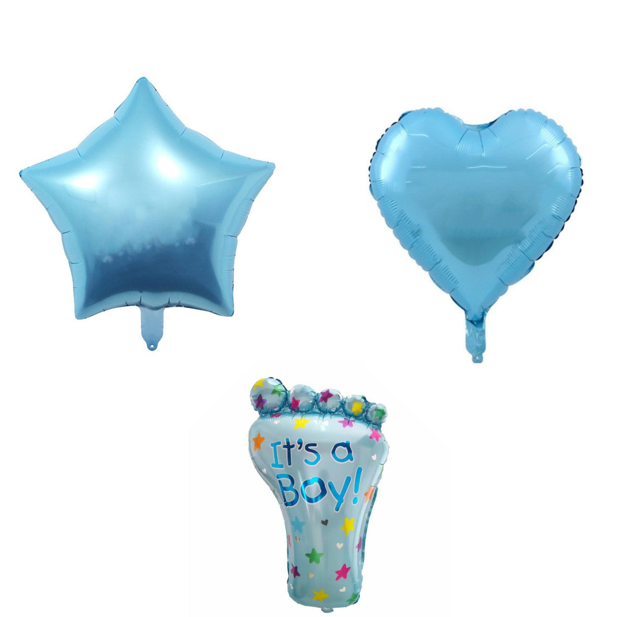 Set 3 Baloane Din Folie Metalizata, Figurine Picior, Inima 45Cm, Stea 45Cm, Tema Gender Reveal, Ambalaj Individual, Pai Inclus, Umflare Cu Aer Sau Heliu