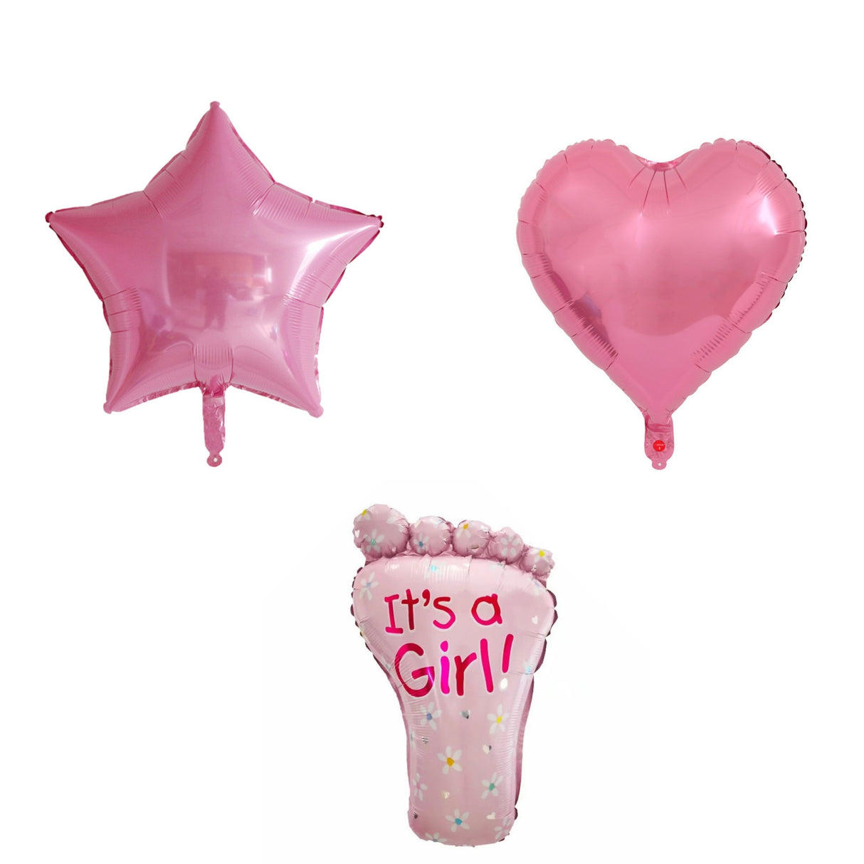 Set 3 Baloane Din Folie Metalizata, Figurine Picior, Inima 45 Cm, Stea 45Cm, Tema Gender Reveal, Ambalaj Individual, Pai Inclus, Umflare Cu Aer Sau Heliu