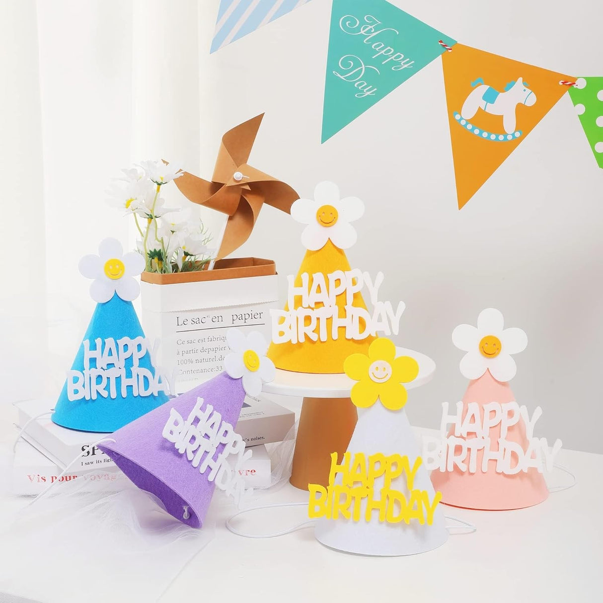 Set 3 Coifuri Happy Birthday, Pentru Petrecere, Tematica Aniversare, Cu Floare Din Spuma - vivimall.ro