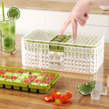 Set 3 Forme Pentru Gheata Si O Caserola Pentru Depozitare 96 De Cuburi, Verde - vivimall.ro