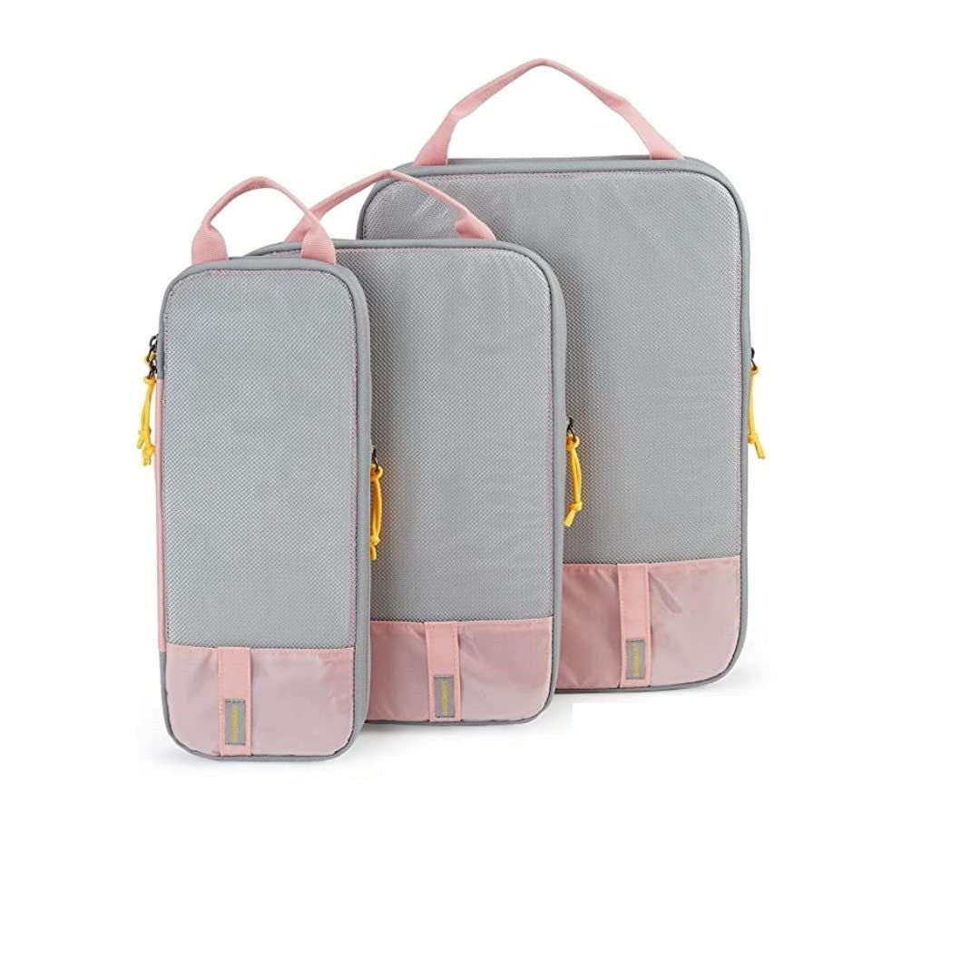 Set 3 Genti de Calatorie Vivimall, Pentru Depozitare, Compresibile, 3 Dimensiuni, Mic, Mediu, Mare, Impermeabile, Fermoar Dublu, Roz