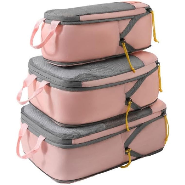 Set 3 Genti de Calatorie Vivimall, Pentru Depozitare, Compresibile, 3 Dimensiuni, Mic, Mediu, Mare, Impermeabile, Fermoar Dublu, Roz