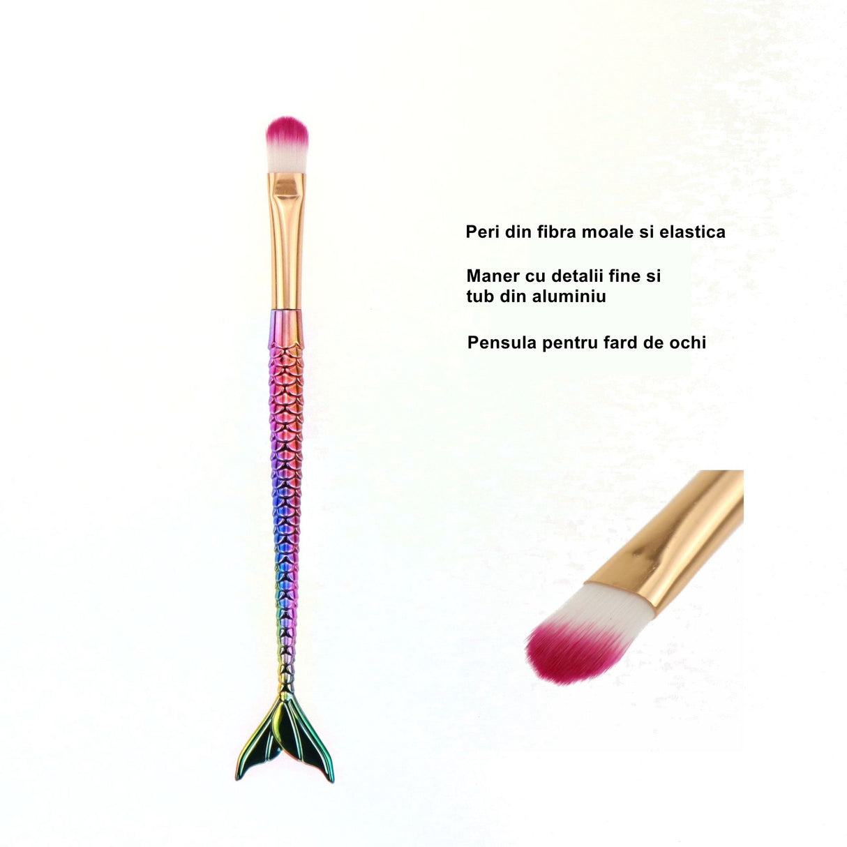 Set 3 Pensule pentru Machiaj Flippy, in Forma de Sirena, Electroplacate, Detalii Fine, Maner Ergonomic, Peri din Fibra Moale, Multicolor