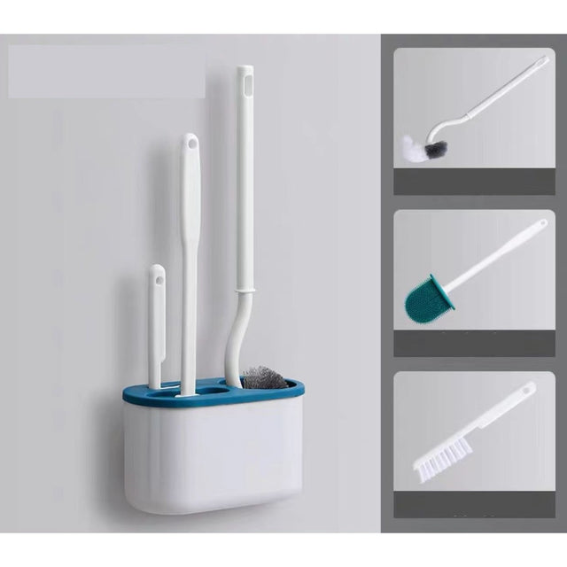 Set 3 Perii Pentru Toaleta, Din Silicon, Perie Zimtata, Cap Flexibil, Suport Adeziv Pentru Montarea Pe Perete, 39 X 19 X 9.8 Cm, Albastru/Alb - vivimall.ro