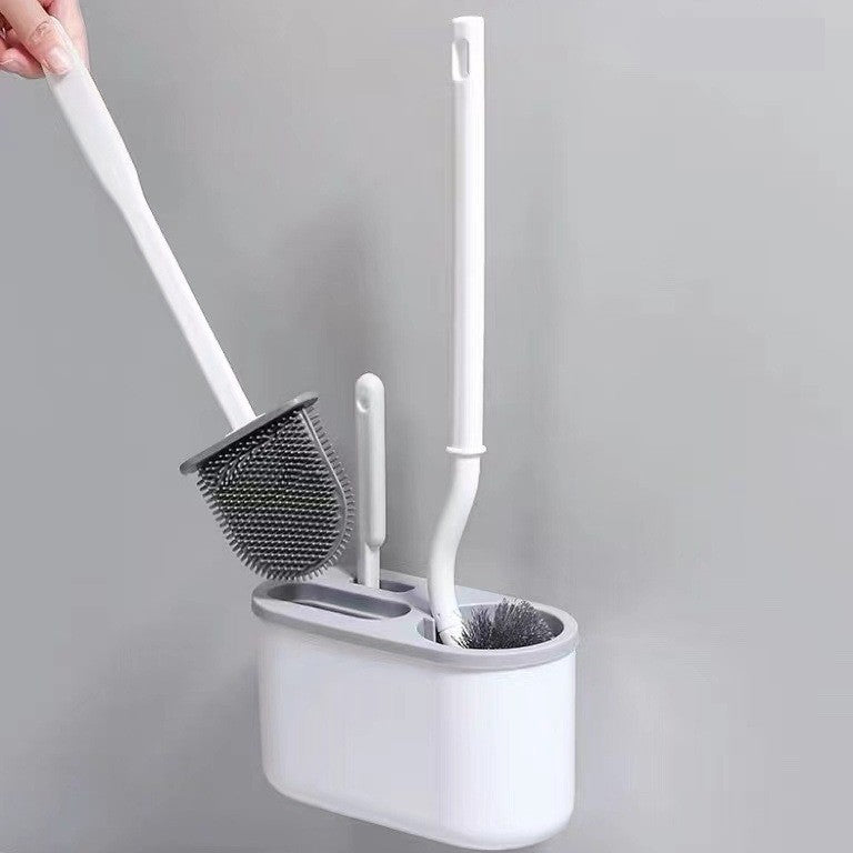 Set 3 Perii Pentru Toaleta, Din Silicon, Perie Zimtata, Cap Flexibil, Suport Adeziv Pentru Montarea Pe Perete, 39 X 19 X 9.8 Cm, Gri/Alb - vivimall.ro