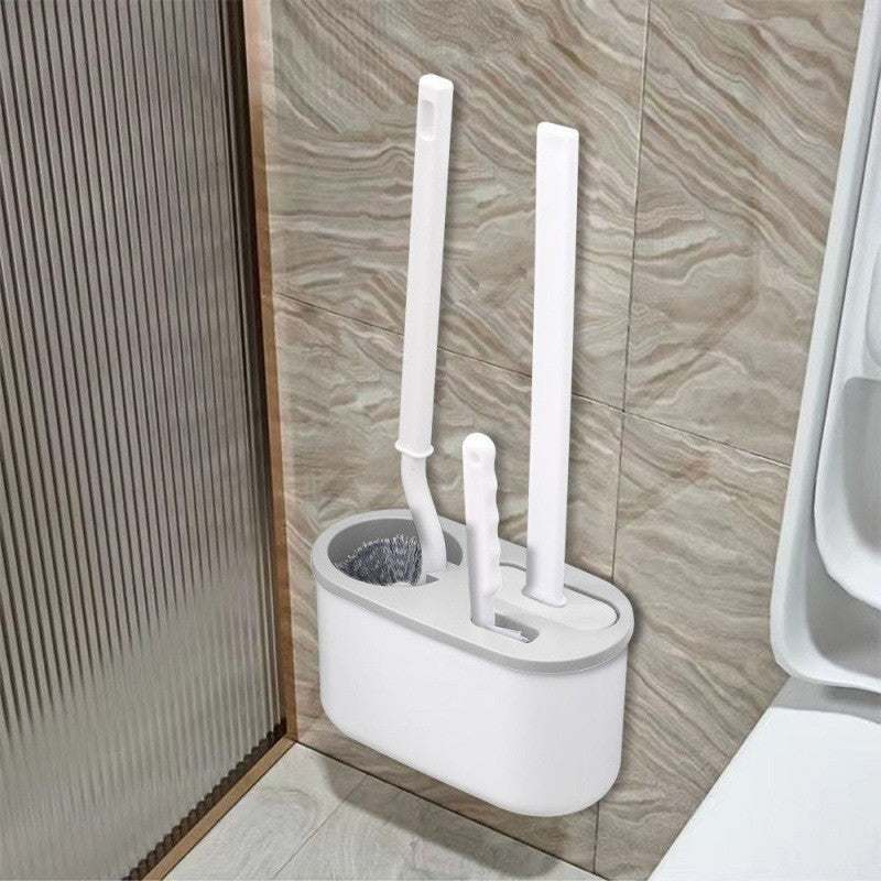 Set 3 Perii Pentru Toaleta, Din Silicon, Perie Zimtata, Cap Flexibil, Suport Adeziv Pentru Montarea Pe Perete, 39 X 19 X 9.8 Cm, Gri/Alb - vivimall.ro
