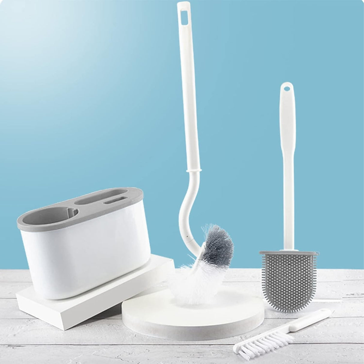 Set 3 Perii Pentru Toaleta, Din Silicon, Perie Zimtata, Cap Flexibil, Suport Adeziv Pentru Montarea Pe Perete, 39 X 19 X 9.8 Cm, Gri/Alb - vivimall.ro