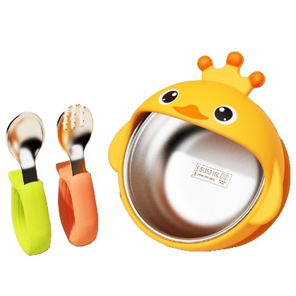 Set 3 Piese Diversificare Bebelusi Si Copii, Bol, Lingura Si Furculita, Din Silicon Si Otel Inoxidabil - vivimall.ro