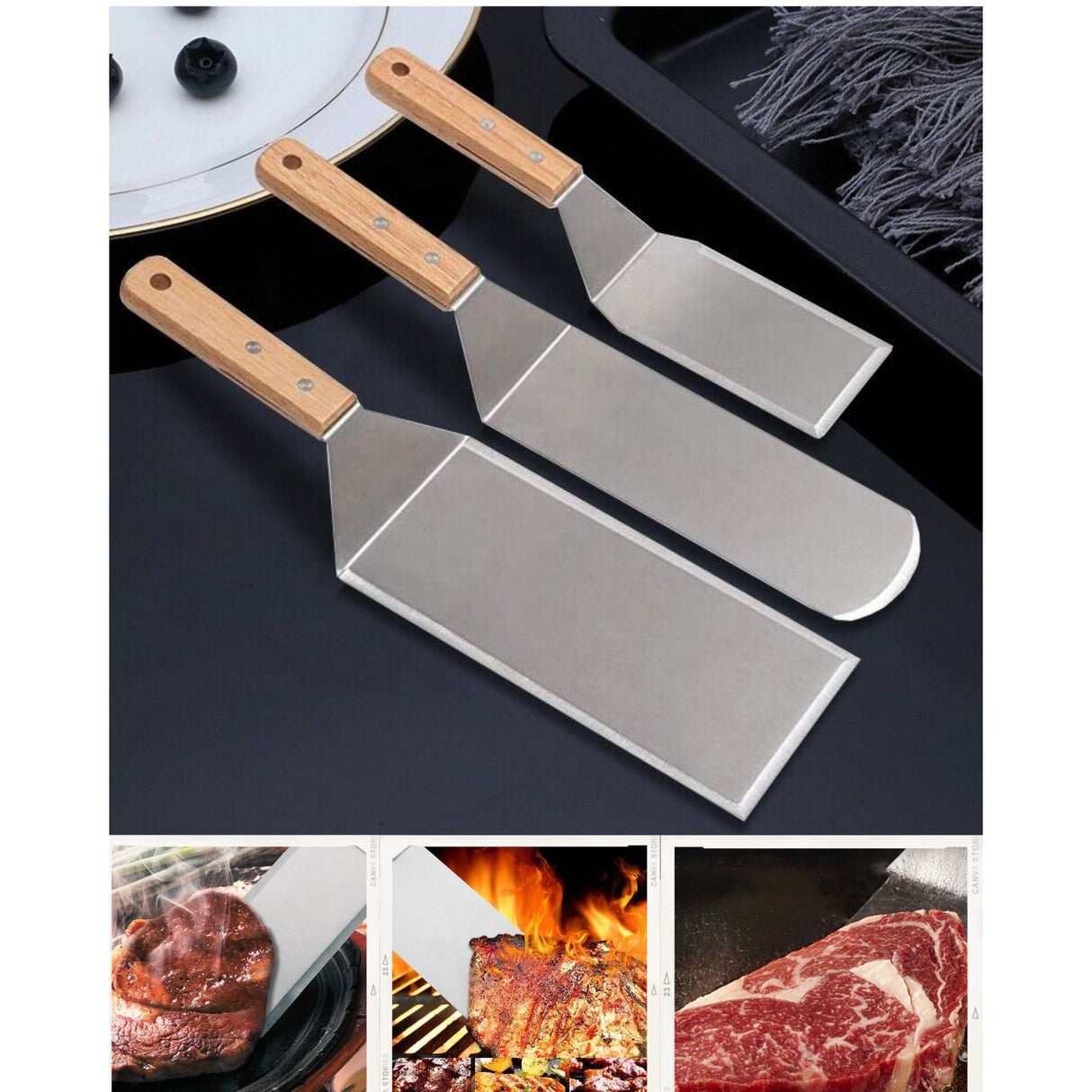 Set 3 Spatule Pentru Gratar Din Metal, Margini Subtiri, Suprafata Antiaderenta, Rezistente La Temperaturi Ridicate, Maner Ergonomic Din Lemn, 3 Forme, Agatatoare, Gri - vivimall.ro