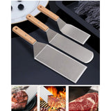 Set 3 spatule pentru gratar Vivimall, din metal, margini subtiri, suprafata antiaderenta, rezistente la temperaturi ridicate, maner ergonomic din lemn, 3 forme, agatatoare, gri - vivimall.ro