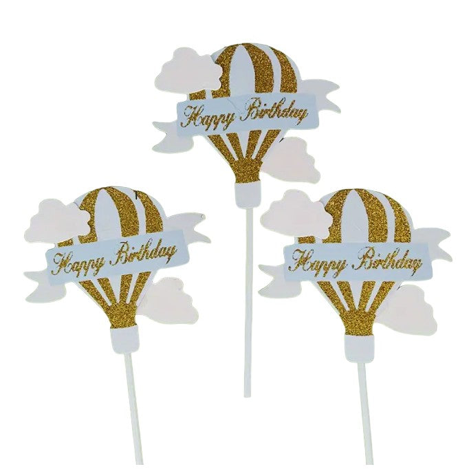 Set 3 Toppere Pentru Tort, Model Balon Cu Aer Cald Happy Birthday, Tematica Aniversare,