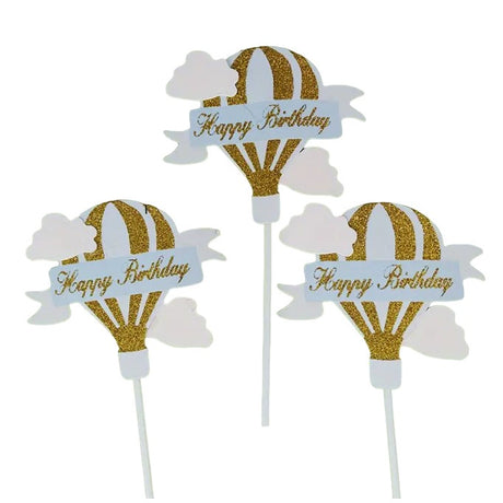 Set 3 Toppere Pentru Tort, Model Balon Cu Aer Cald Happy Birthday, Tematica Aniversare,