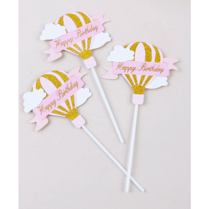 Set 3 Toppere Pentru Tort, Model Balon Cu Aer Cald Happy Birthday, Tematica Aniversare,