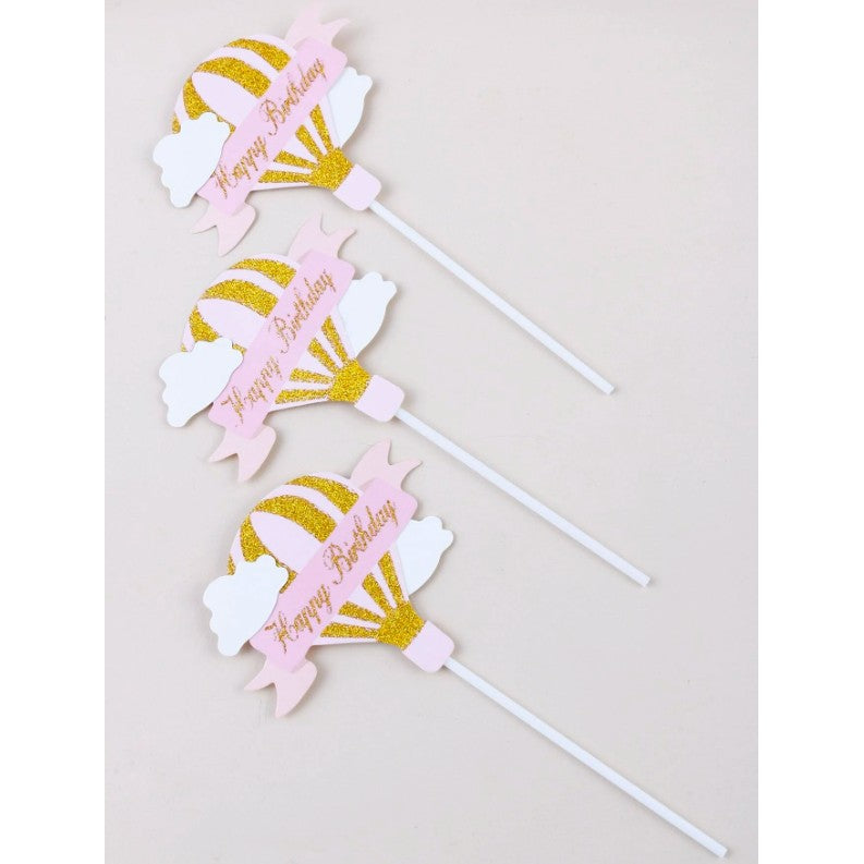 Set 3 Toppere Pentru Tort, Model Balon Cu Aer Cald Happy Birthday, Tematica Aniversare,