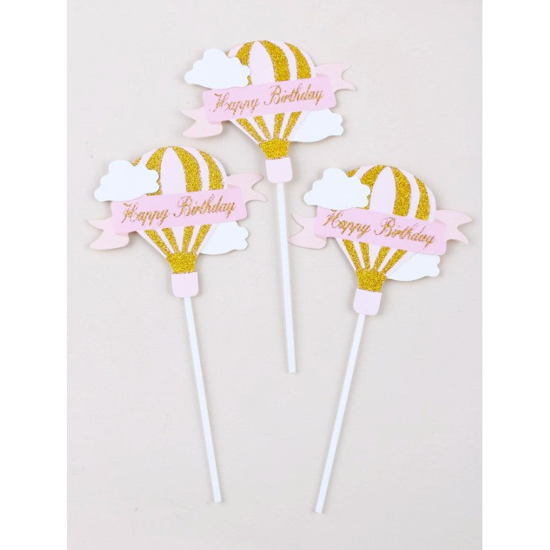 Set 3 Toppere Pentru Tort, Model Balon Cu Aer Cald Happy Birthday, Tematica Aniversare,