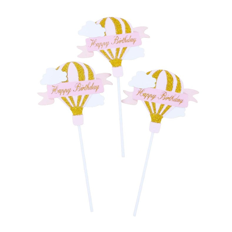 Set 3 Toppere Pentru Tort, Model Balon Cu Aer Cald Happy Birthday, Tematica Aniversare,