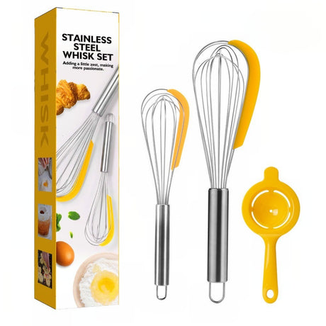 Set 3 Ustensile Pentru Bucatarie 2 Teluri, Un Separator Oua, Inox/Silicon, Galben - vivimall.ro