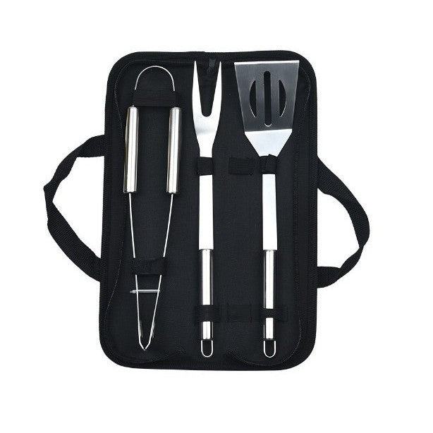 Set 3 Ustensile Pentru Gratar, Din Otel Inoxidabil, Geanta Oxford, Argintiu - vivimall.ro