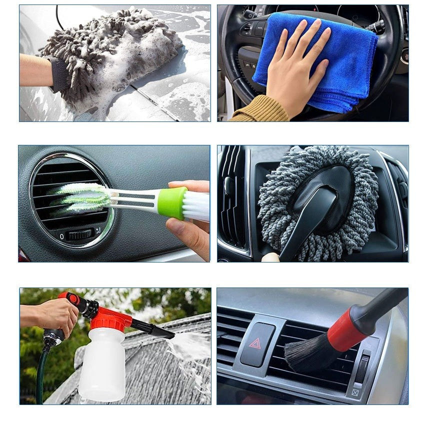 Set 30 Accesorii pentru Curatare Auto, Vivimall, din PP si Microfibra, Interior/Exterior, 30 x 24 x 12 cm, Verde - vivimall.ro