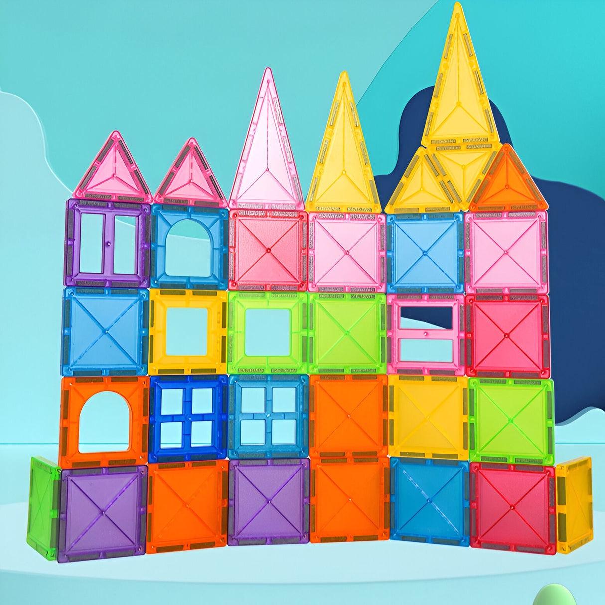 Set 32 Piese Magnetice de Constructie, Vivimall, Piese 5.5 cm, Magnetic Tiles, Forme Geometrice, 3 Ani, ABS, Magnet, 20.5 x 14.5 x 12 cm, Multicolor - vivimall.ro