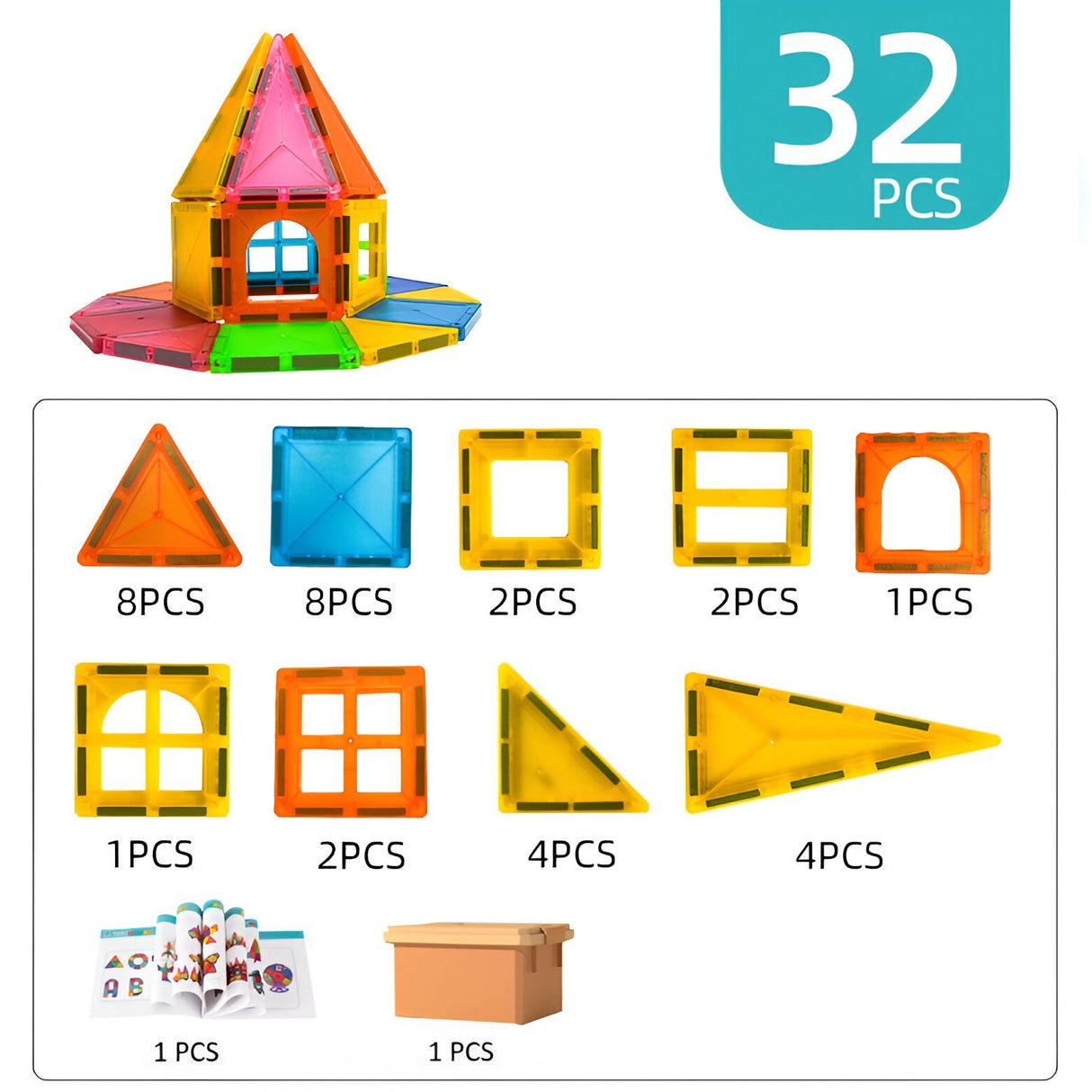 Set 32 Piese Magnetice De Constructie, Piese 5.5 Cm, Magnetic Tiles, Forme Geometrice, 3 Ani, Abs, Magnet, Resigilat - vivimall.ro