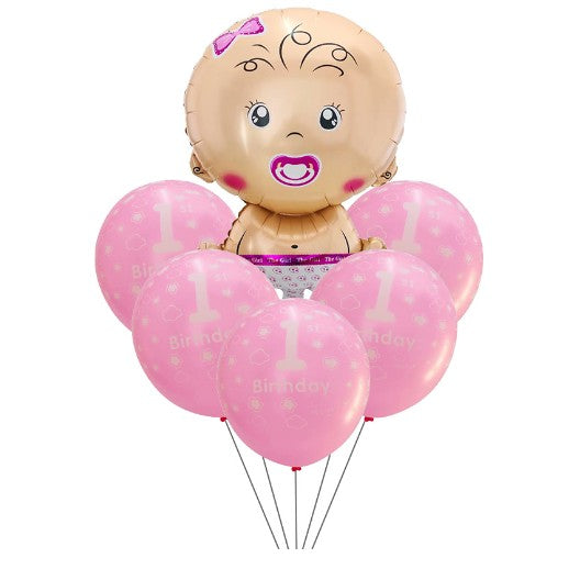Set Baloane Pentru Fetite, First Anyversary, 5 Latex 1 Birthday, 1 Balon Folie Din Aluminu Baby Girl, 71 Cm - vivimall.ro