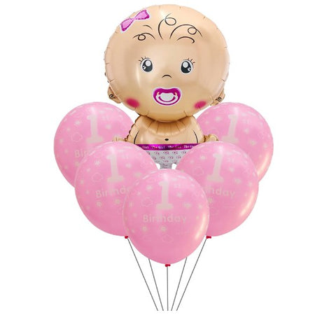 Set Baloane Pentru Fetite, First Anyversary, 5 Latex 1 Birthday, 1 Balon Folie Din Aluminu Baby Girl, 71 Cm - vivimall.ro