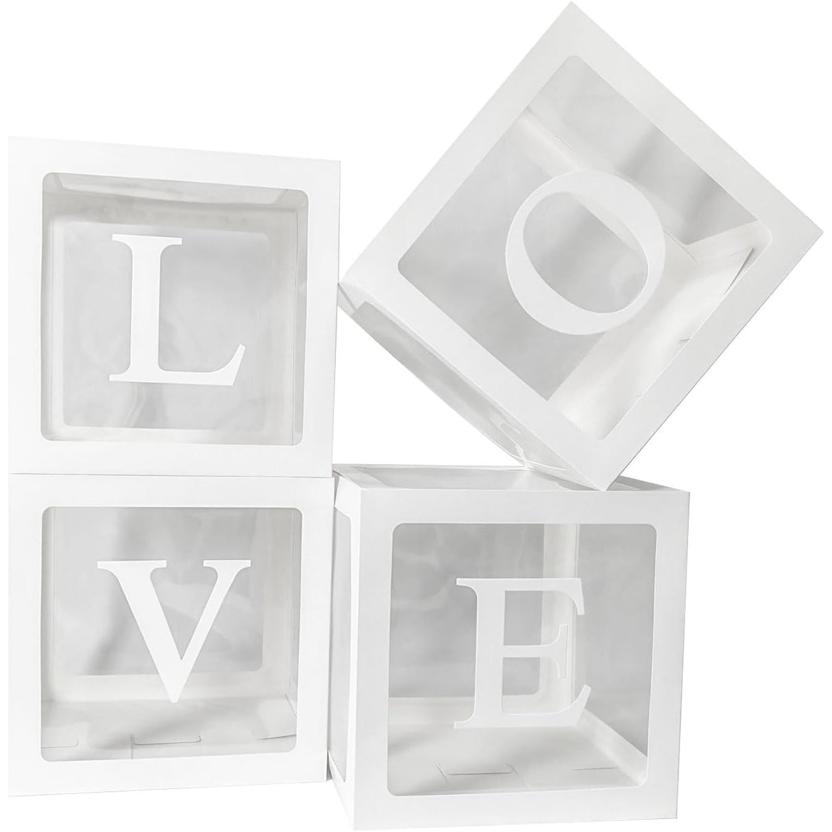 Set 4 Cutii Pentru Baloane, Tematica Iubire, Cuburi Decorative Din Plastic, Accesorii Pentru Petrecere, E Contur Alb