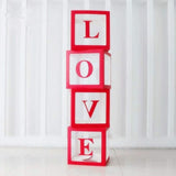 Set 4 Cutii pentru Baloane, Flippy, Model Scris Love, Tematica Iubire, Cuburi Decorative din Plastic, Accesorii pentru Petrecere, 30x30 cm, Transparente Contur Rosu