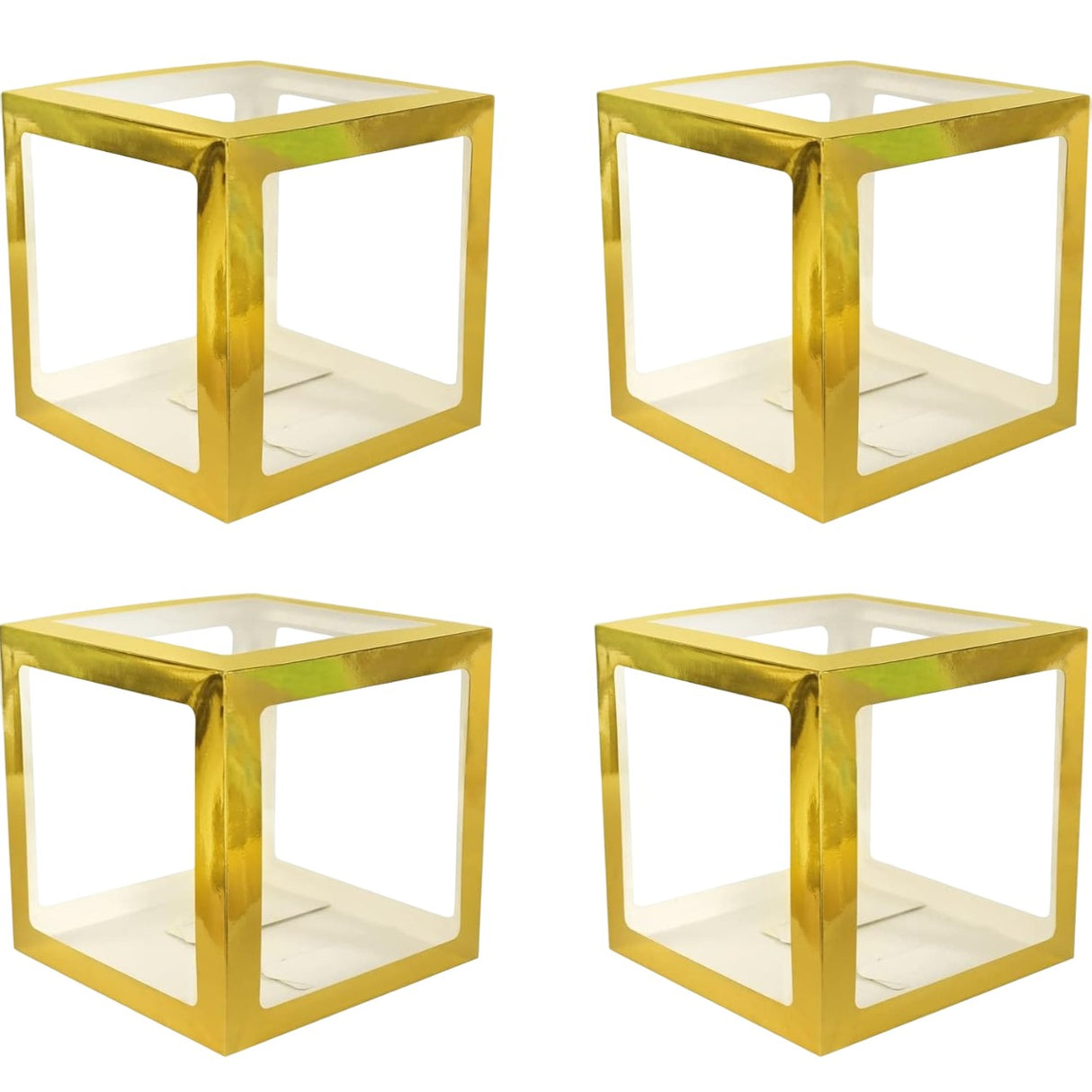 Set 4 Cutii Pentru Baloane, Tematica Aniversare, Cuburi Decorative Din Plastic, Accesorii Pentru Petrecere, E Contur Auriu