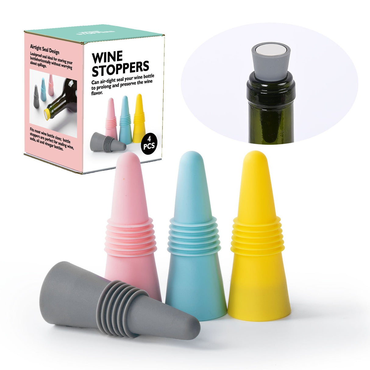 Set 4 Dopuri Reutilizabile Din Silicon Pentru Sticle De Vin, Bautura, Multicolor - vivimall.ro