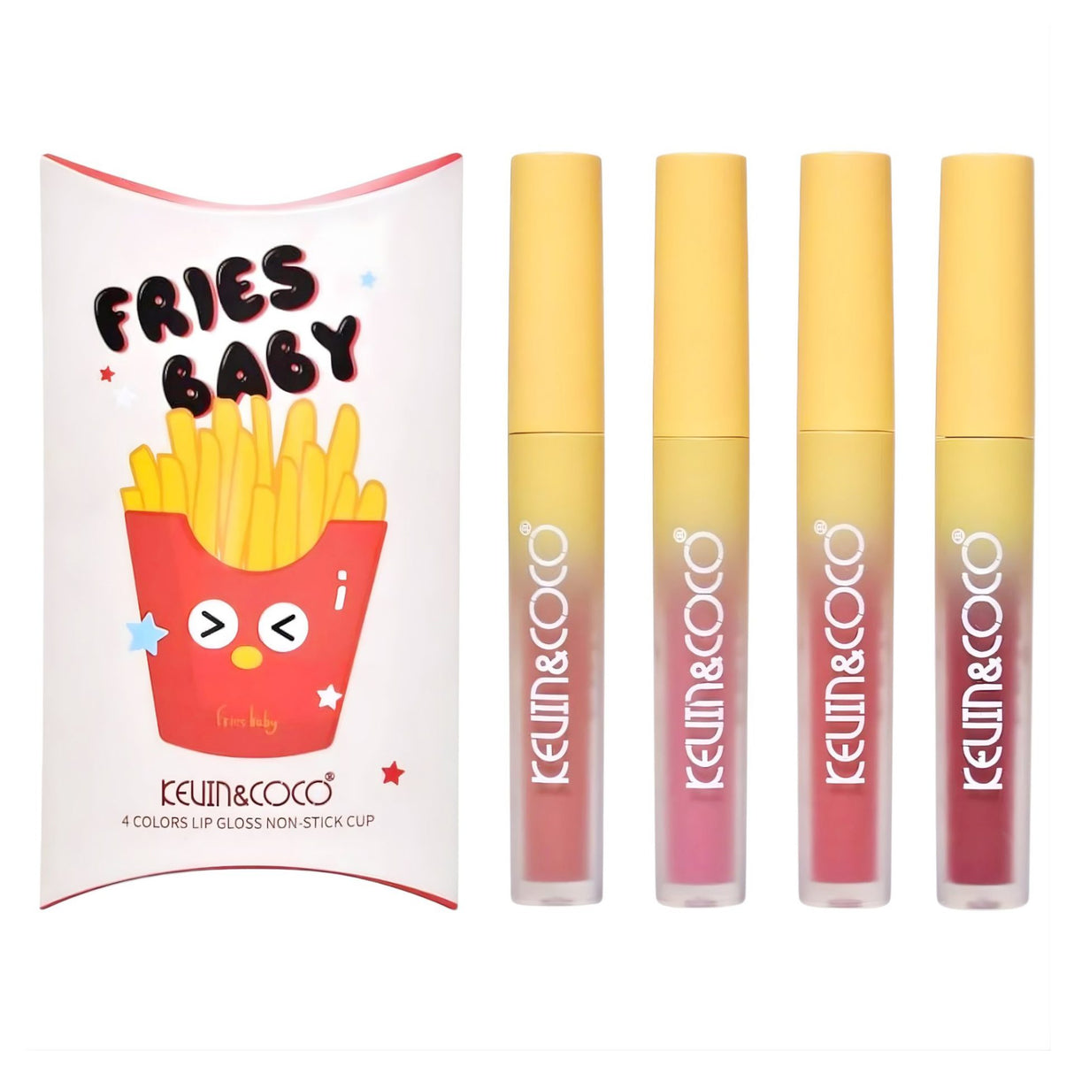 Set 4 lucii de buze Kevin&Coco Fries Baby Model B, nuanțe multicolor, vedere de ansamblu