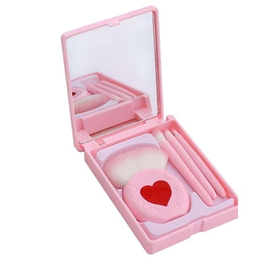Set 4 Mini Pensule de Machiaj, Vivimall, Portabile, in Carcasa cu Oglinda, din Par Sintetic Moale, Roz, Model cu Inima, 12x7x2.5 cm - vivimall.ro
