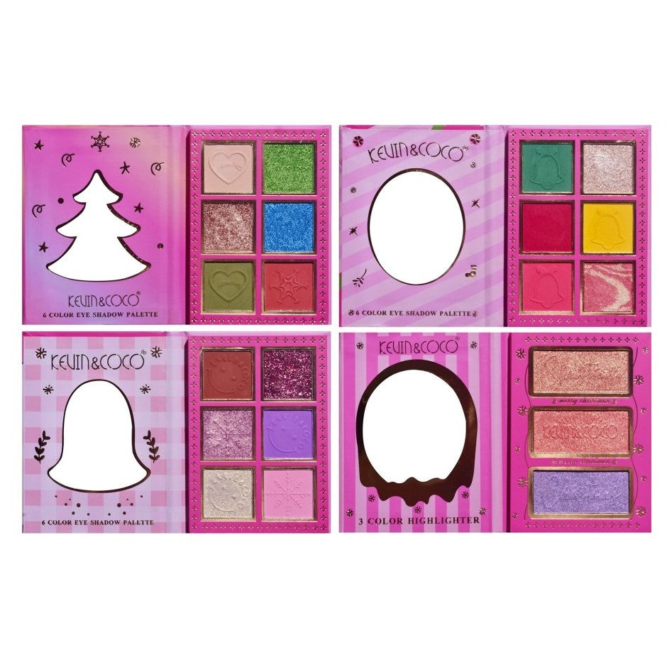Set 4 Palete de Machiaj, KEVIN & COCO, Christmas Jingle, 21 culori, 27.3 x 20.8 x 2.4 cm - vivimall.ro