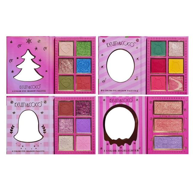 Set 4 Palete de Machiaj, KEVIN & COCO, Christmas Jingle, 21 culori, 27.3 x 20.8 x 2.4 cm - vivimall.ro