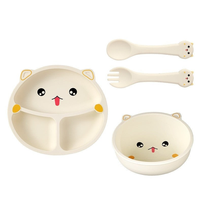 Set 4 Piese Hranire Bebelusi si Copii, Flippy, din Silicon, fara BPA, de la 12 Luni, Model Pisicuta, 28 x 26 x 2 cm, Bej