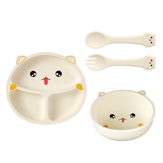 Set 4 Piese Hranire Bebelusi si Copii, Flippy, din Silicon, fara BPA, de la 12 Luni, Model Pisicuta, 28 x 26 x 2 cm, Bej