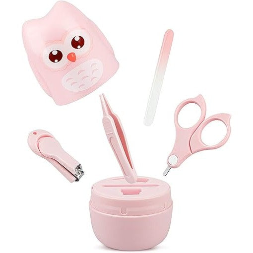 Set 4 Piese Injire Unghii Bebelusi, Din Abs+Otel Inoxidabil, Cutie De Depozitare Tip Bufnita, De La 0 Luni, Roz